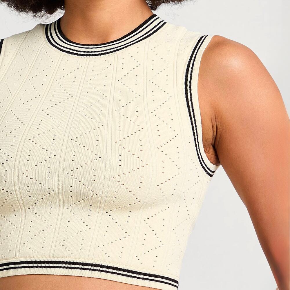 House of Harlow 1960 Pointelle Knit Sleeveless Top Cream Black Stripe Crop L